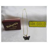14k Gold Necklace Chain w/ Black Onyx Butterfly