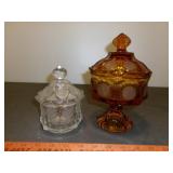 2pc Fostoria Coin Pattern Amber & Clear Candy Dish