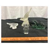 4pc Glass Dog & Birds - Lalique Signed Bird