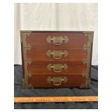 Vintage Asian Brass & Wood 4 Drawer Jewelry Chest