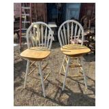 Pair of Wood Fan Back Swivel Bar Stools