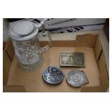 3 Belt Buckles & Glass Stein