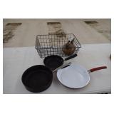 Wire Basket w/ Skillets & Tea Pot