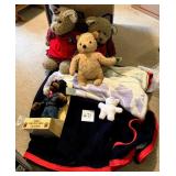 Boxes of bears, bunnies and Rottweiler doll?