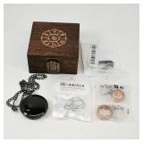 Wooden Box with Pocket Watch and Rings
