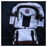 White and Black Backpack with Brown Accents