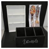 Wood Utensil Holder with Decorative Kitchen Decals