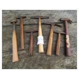 6- TACK HAMMERS, 1 BRASS HAMMER