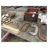 C-CLAMPS,GUAGES,PAINT SPRAYER, BOX OF HARDWARE