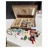 JEWELRT BOX W/ ASSORTED PINS,EARRINGS,RING
