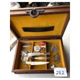 MENS JEWELRY BOX, MOTHER OF PEARL ITEMS, PINS