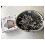ALUMINUM DISH PAN ,ASSORTED SILVERWARE& KITCHEN