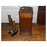 BAUSCH & LOMB ANTIQUE BRASS MICROSCOPE W/ WOODEN