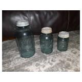 THREE BLUE MASON FRUIT JARS HALF GAL., PINT, QT