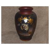 LARGE HAND PAINTED LION PORCELAIN VASE 9"