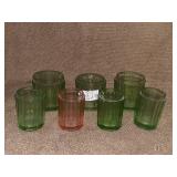 7 GREEN AND PINK DEPRESSION GLASS TIMBLERS 5"