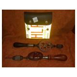 2 ANTIQUE HAND DRILLS & LICENSE PLATE POUCH