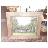 OLD BARN WOOD FRAMED OIL PAINTING OF LOG CABIN