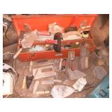 LARGE METAL TOOLBOX FULL OF CONCRETE FISHING TOOLS