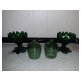 DARK GREEN GLASS LEAF BOWLS & 2 LIDDED CONDIMENTS