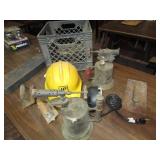 MILK CRATE FULL- VINTAGE BLOW TORCHES; HARD HAT