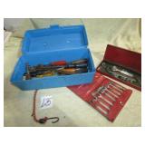 PLASTIC TOOL BOX FULL OF TOOLS, SOCKETS, MORE