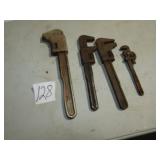3- OLD ADJUSTABLE WRENCHES; MINI PIPE WRENCH