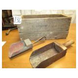 WOOD ADV. BOX ; 2 VINTAGE SCOOPS