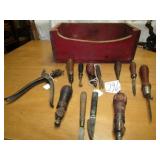 RED PAINTED BOX W/ 10+ VINTAGE TOOLS