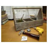 WOOD DIVODER TOTE W/ TOOL AVON BOTTLES - PICKUP