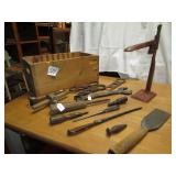 WOOD BOX W/ OLD TOOLS ; BOTTLE CAPPER