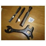 SPECIALITY WRENCH ; 3- CAST IRON WOOD CHISELS