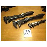 3- VINTAGE SOLID BAR ADJUSTABLE MONKEY WRENCHES-