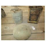 DODGE HUB CAP; VINTAGE GAS CANS; MARVEL OIL CAN