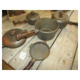 8- PIECES CAST IRON COOKWARE ,TAIWAN W/ WOOD HANDS