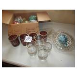 BOX OF CHRISTMAS ORNAMENTS ; GLASSES