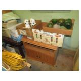 4 BOXES MISC- DOGS FIGURINES ,POP BOTTLES, VASES,