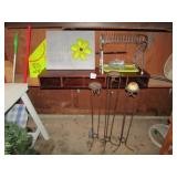 3 WROUGHT IRON CANDLE STANDS ; CUBBY HOLE SHELF; M