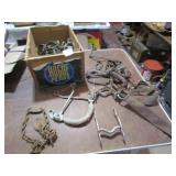 WOOD BOX FULL OF HORSE BRIDLES ; DAIRY COW TAGS
