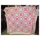VINTAGE HAND STITCHED PINK & WHITE QUILT 72' X 74'