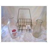 2 MILK BOTTLES W/ WIRE CARRIER