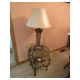 ROUND GLASS TOP TABLE STAND W/ BRASS LAMP
