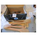 BOX FULL OF WOODEN SPOONS ; KITCHEN KNIVES ;