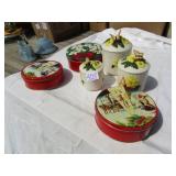CANISTERS W/ BUTTER FLIES , ONE BROKE ;3 TINS