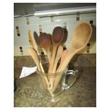 EARLY MEASURING CUP ; WOOD SPOONS
