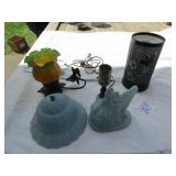 BLUE SATIN GLASS LADY PLAYING HARP LAMP; MORE