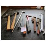 2- PIPE WRENCHES ;HATCHET ; HAMMERS ; MORE