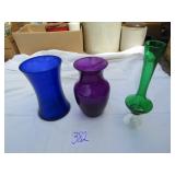 3 VASES - COBALT BLUE ,PURPLE, GREEN
