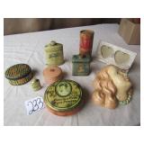 EARLY TIN POWDER BOWLS ; CHALK LADY FACE ; MORE