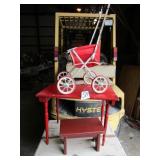 RED STEP STOOL ; RED CHILD'S TABLE ;DOLL BUGGY